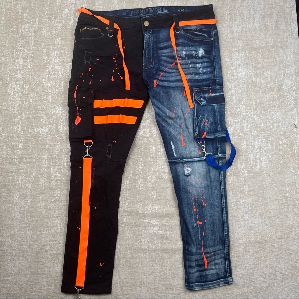 Elite Premium Denim Mens Jeans Light Wash Distressed Cargo Splatter Pant size 40